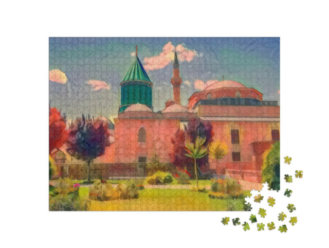 Puzzle 1000 pezzi „nello stile artistico di Franz Marc - Tomba e Museo Mevlana Celaleddin Rumi, Konya Turchia“