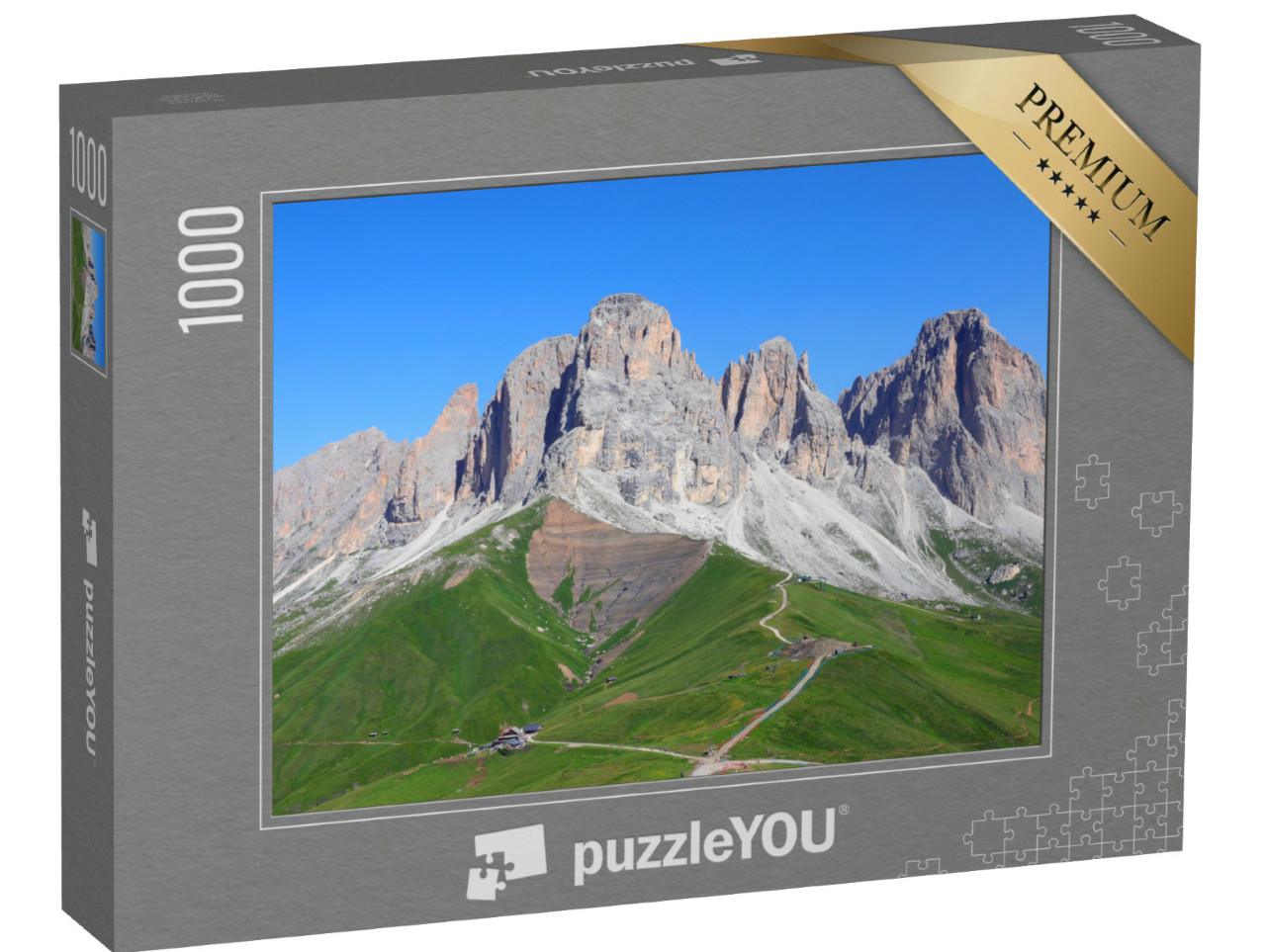 Puzzle 1000 pezzi „Vista mozzafiato sul gruppo montuoso del Sassolungo con un cielo limpido e senza persone in estate“