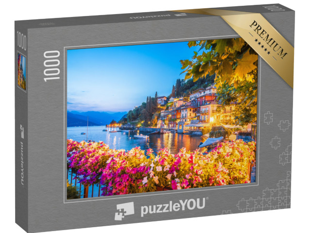 Puzzle 1000 pezzi „Varenna, colorato lungolago panoramico e vista serale del lago di Como, lago di Como, Lombardia, Italia“