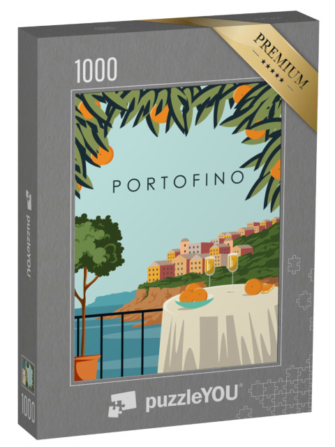 Puzzle 1000 pezzi „Illustrazione vettoriale. Portofino. Poster di viaggio, cartolina, copertina. Caffè in riva al mare“