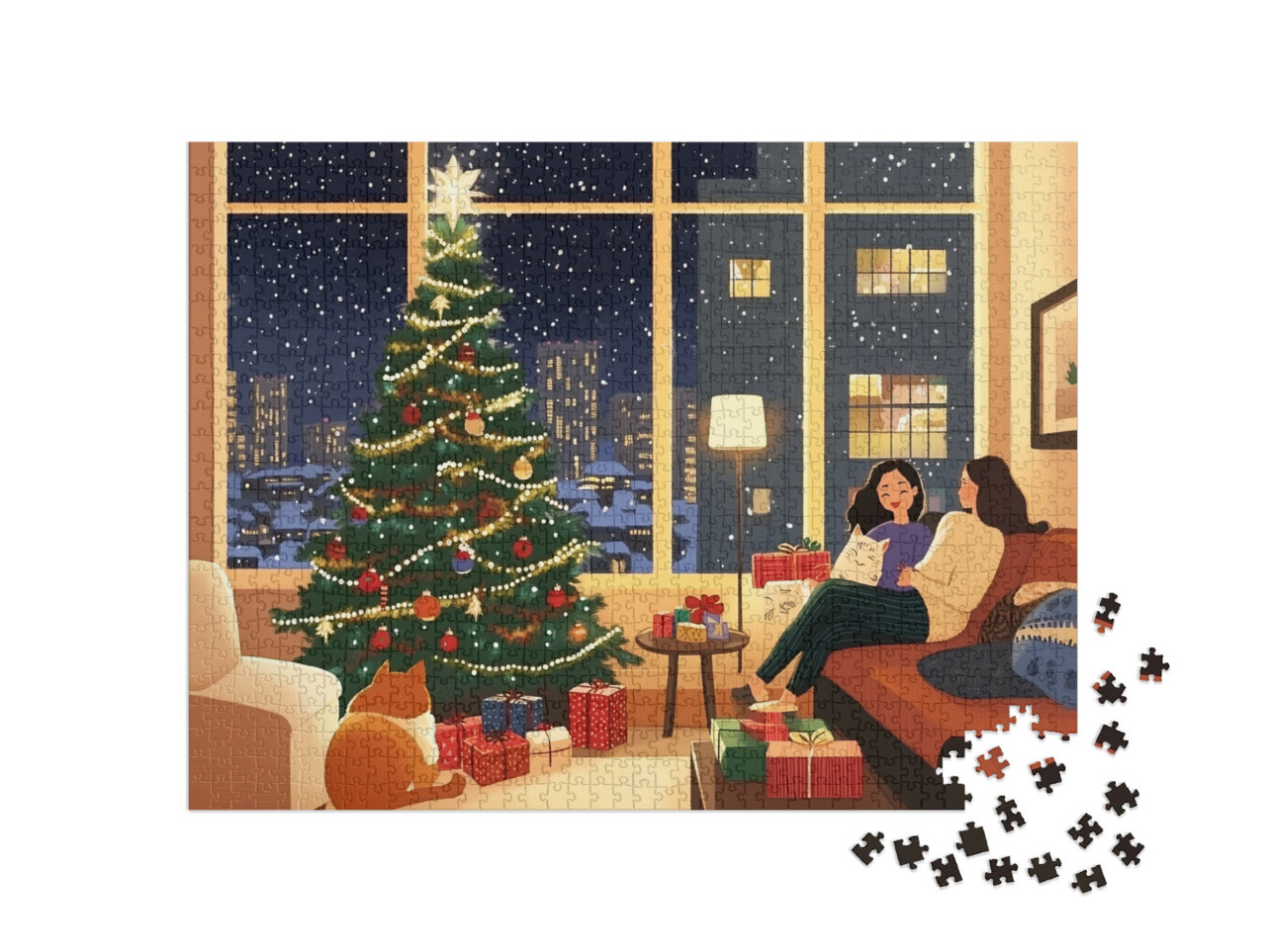 Puzzle 1000 pezzi „Accogliente serata natalizia davanti a un albero di Natale luminoso“