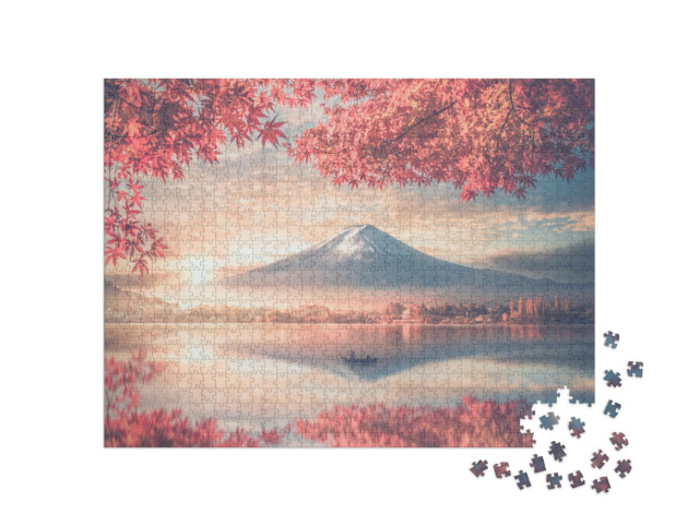 Puzzle 1000 pezzi „Il Fuji e il lago Kawaguchiko nella nebbia del mattino, Giappone“