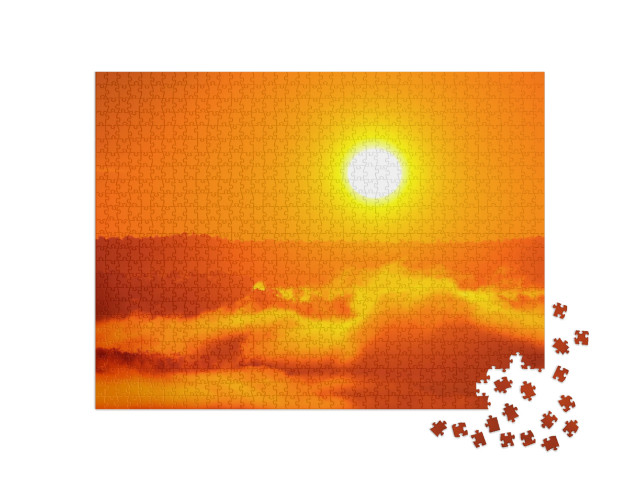 Puzzle 1000 pezzi „Tramonto arancio-dorato su una foresta nebbiosa“