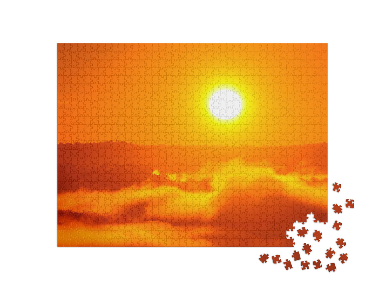 Puzzle 1000 pezzi „Tramonto arancio-dorato su una foresta nebbiosa“