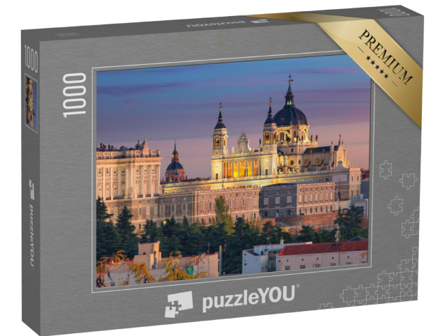 Puzzle 1000 pezzi „Atmosfera serale a Madrid - Cattedrale di Santa Maria e Palazzo Reale“