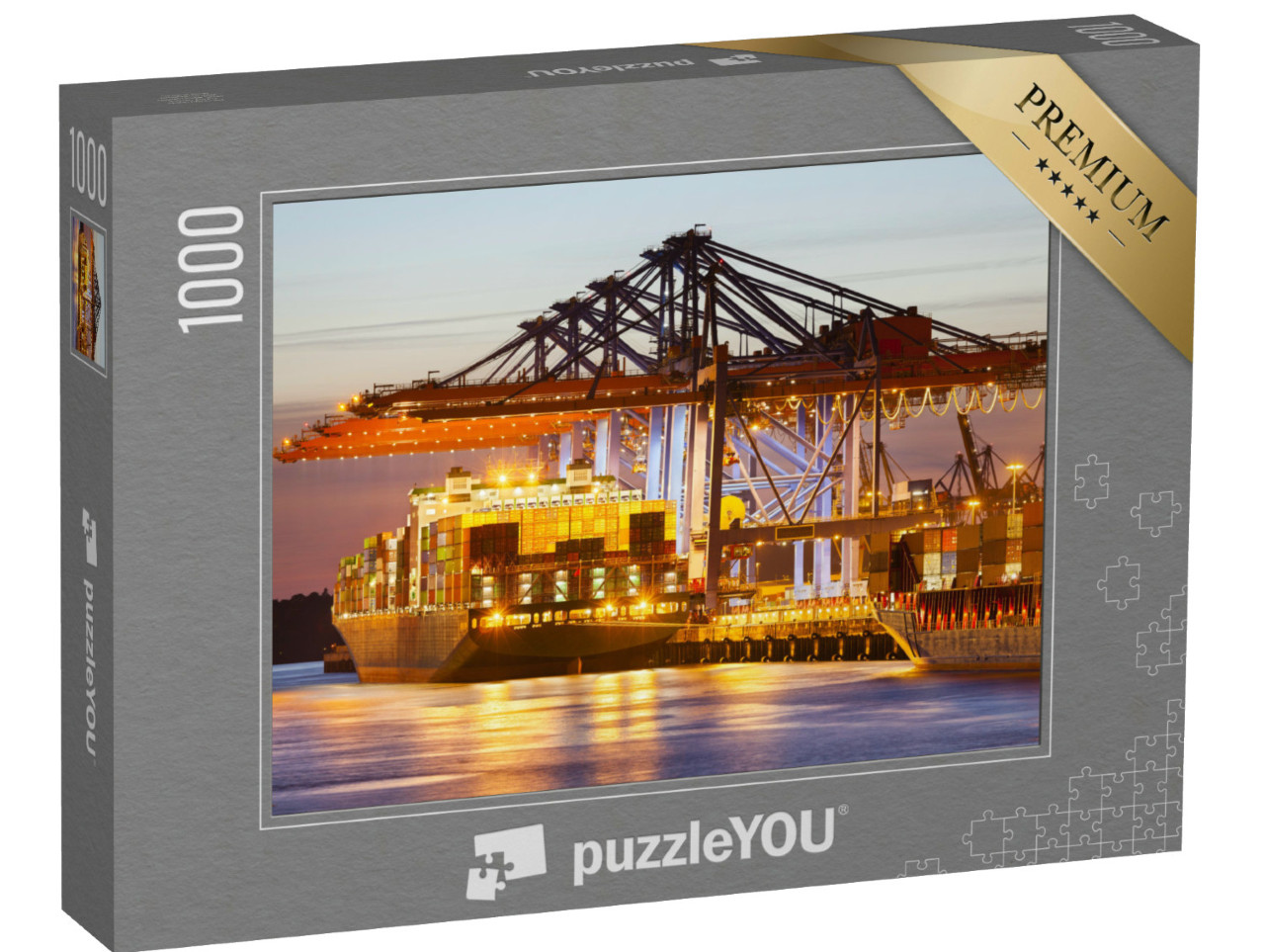 Puzzle 1000 pezzi „Nave container attraccata nel porto al tramonto“