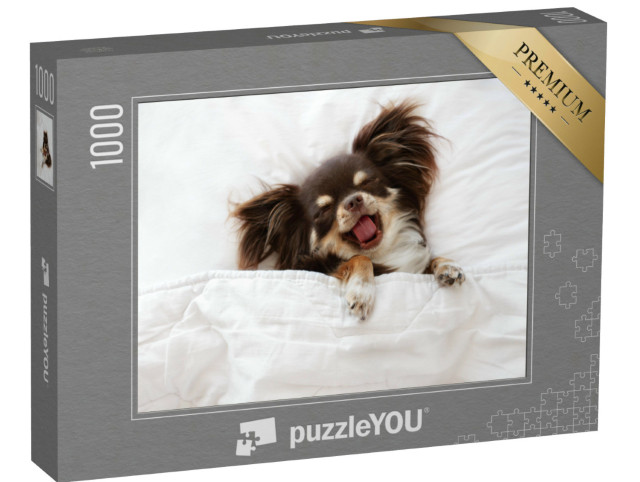 Puzzle 1000 pezzi „Il cane Chihuahua dorme su un cuscino nel letto“