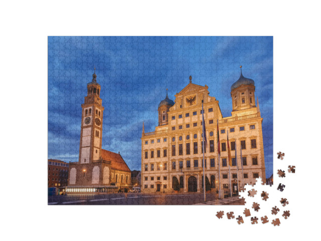 Puzzle 1000 pezzi „Perlachturm illuminata e Municipio di Augusta, Germania“