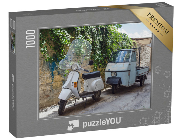 Puzzle 1000 pezzi „Trasporto classico italiano Ape e scooter per strada a Palermo, Italia“