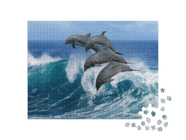 Puzzle 1000 pezzi „Quattro bellissimi delfini che saltano sulle onde, Hawaii“