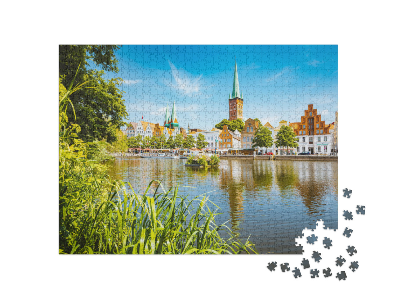 Puzzle 1000 pezzi „Vista panoramica di Lubecca con Trave, Schleswig-Holstein, Germania“