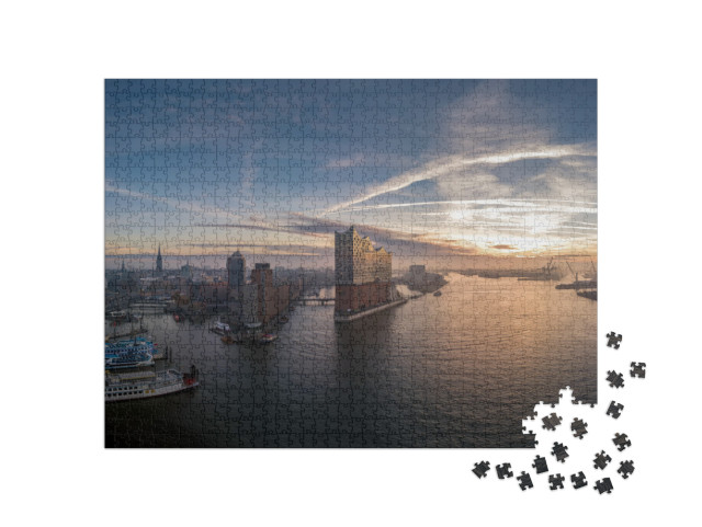 Puzzle 1000 pezzi „Il porto di Amburgo con una splendida alba“