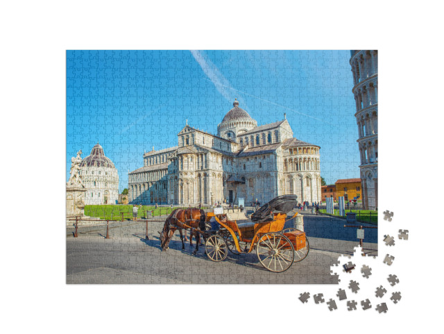 Puzzle 1000 pezzi „Carrozza con cavallo davanti alla torre pendente di Pisa“