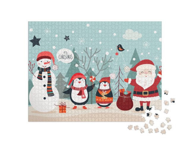 Puzzle 1000 pezzi „Biglietto di Natale con figure divertenti su uno sfondo invernale“