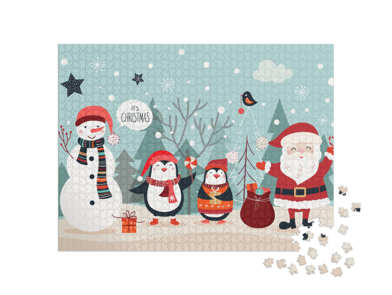 Puzzle 1000 pezzi „Biglietto di Natale con figure divertenti su uno sfondo invernale“