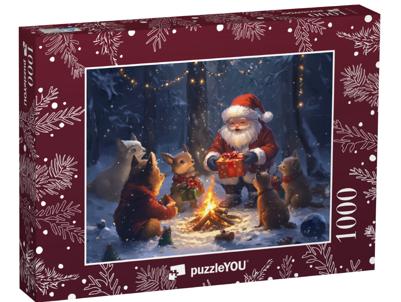 Puzzle 1000 pezzi „Natale nella foresta: bambini animali ricevono regali da Babbo Natale“