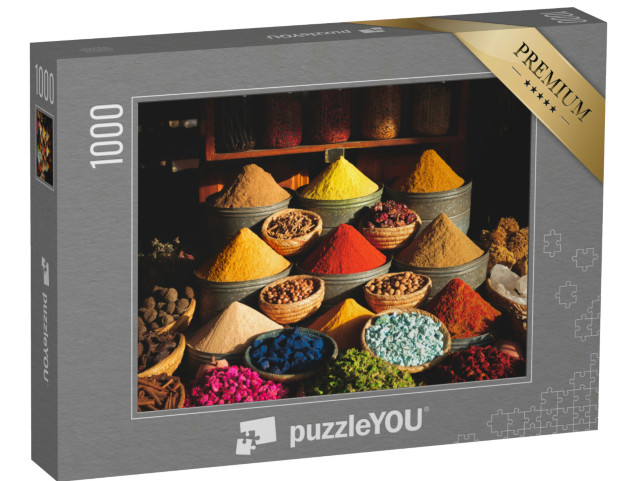 Puzzle 1000 pezzi „Spezie colorate in un mercato tradizionale a Marrakech, Marocco“