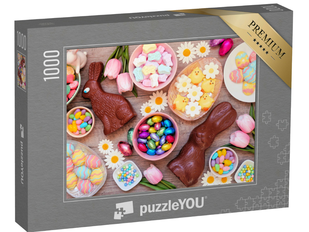 Puzzle 1000 pezzi „Tavola di Pasqua colorata con coniglietti di cioccolato“