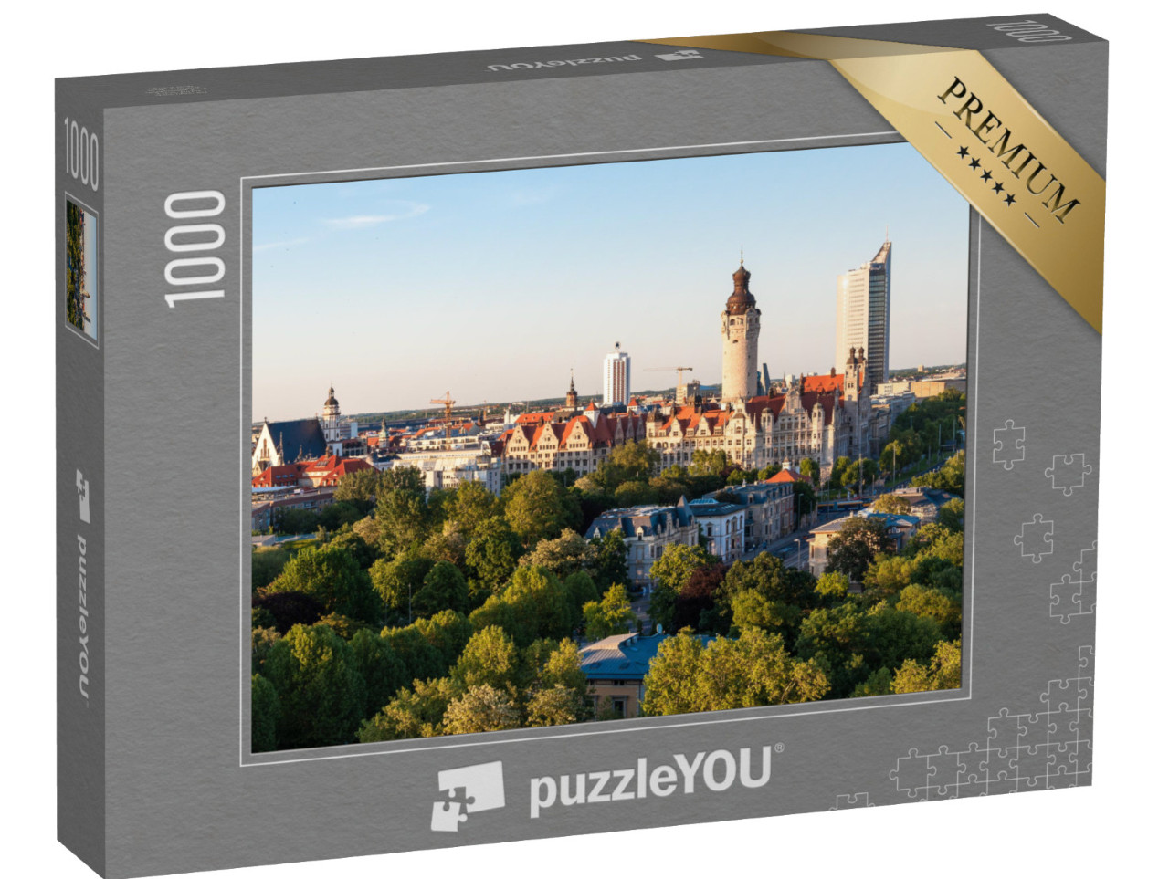 Puzzle 1000 pezzi „Skyline di Lipsia con il municipio al tramonto, Germania“