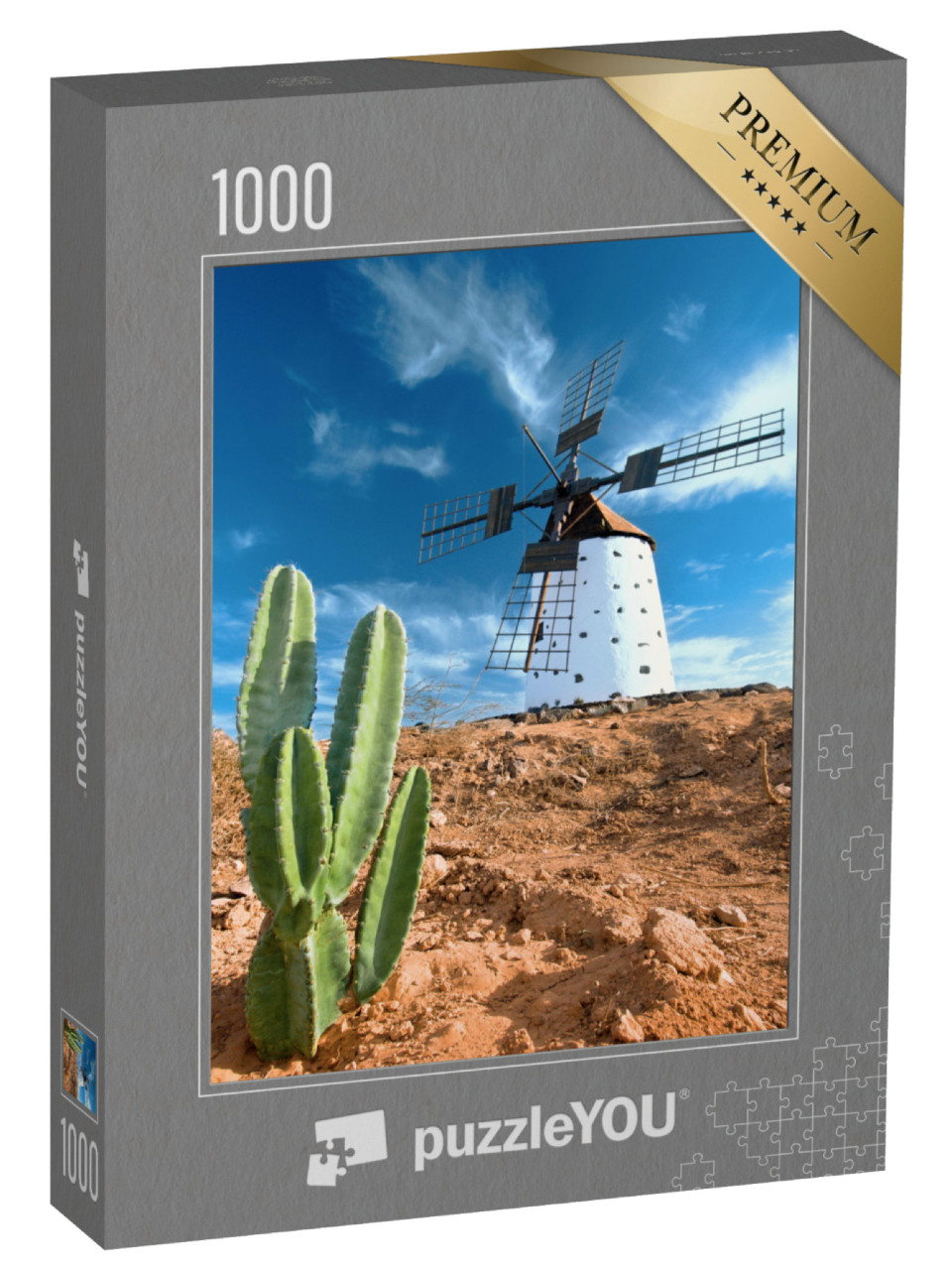 Puzzle 1000 pezzi „Cactus e mulino a vento tradizionale a Fuerteventura, Isole Canarie“