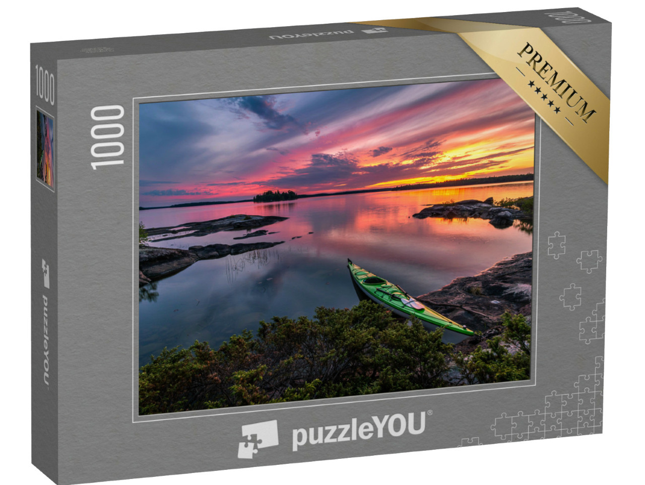 Puzzle 1000 pezzi „In kayak sulle rive del lago Eagle in una serata tranquilla, Ontario, Canada“