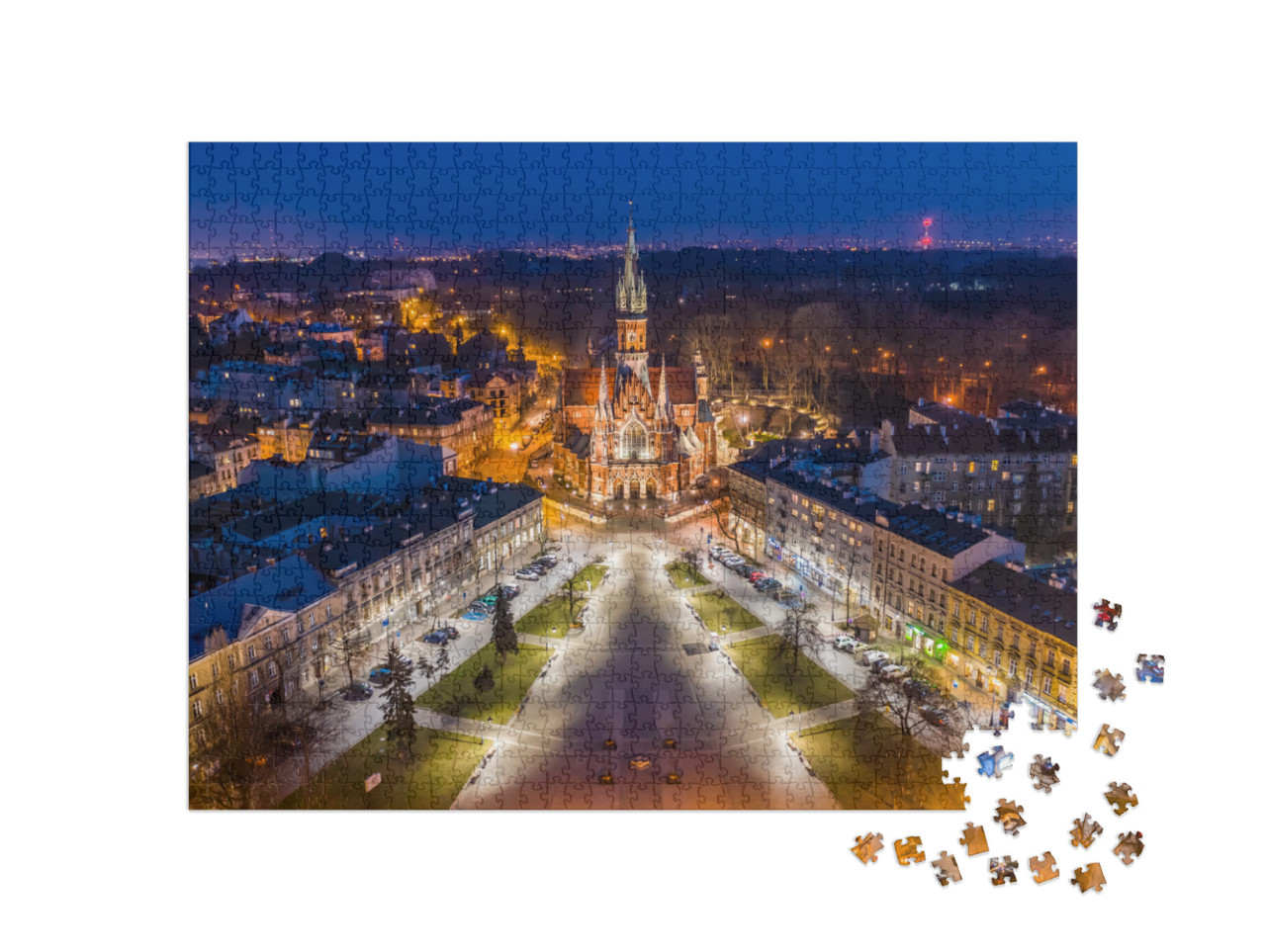 Puzzle 1000 pezzi „Piazza Podgórski con la chiesa di San Giuseppe a Cracovia, Polonia“