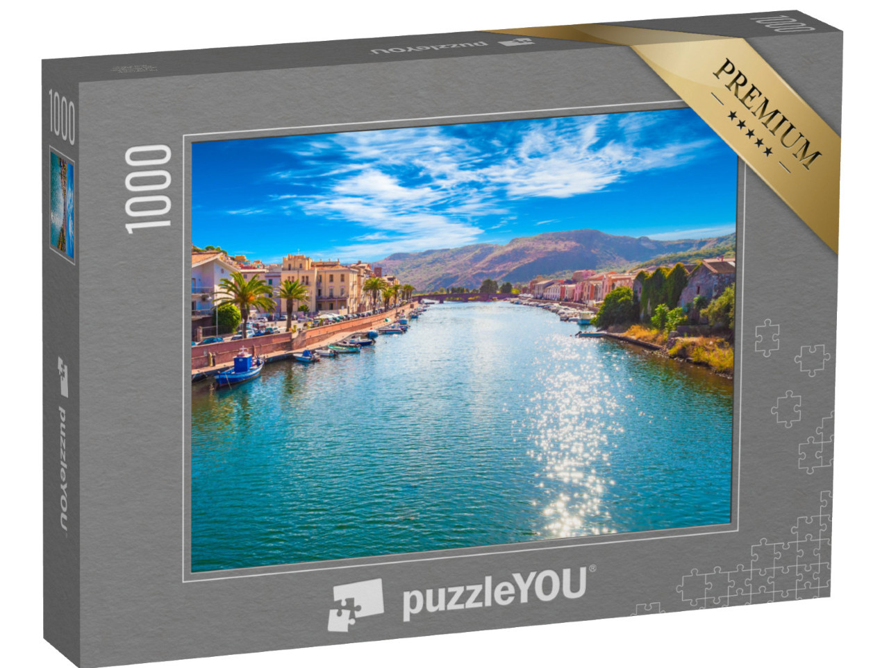 Puzzle 1000 pezzi „Villaggio di Bosa presso il fiume Temo, giornata nuvolosa, Sardegna“