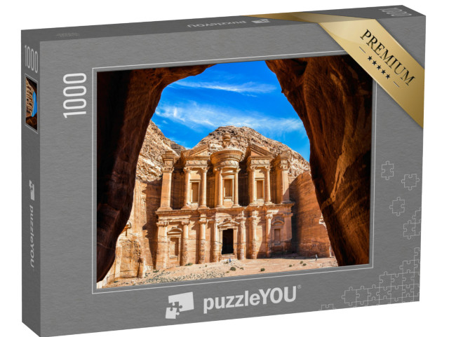 Puzzle 1000 pezzi „Vista da una grotta del monastero di Ad Deir, Petra, Giordania“