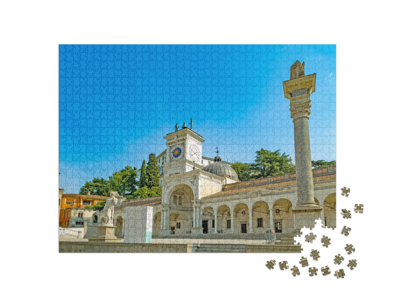 Puzzle 1000 pezzi „Udine, Friuli, Italia, Piazza della Libertà, torre dell'orologio e colonna con leone veneziano alato“