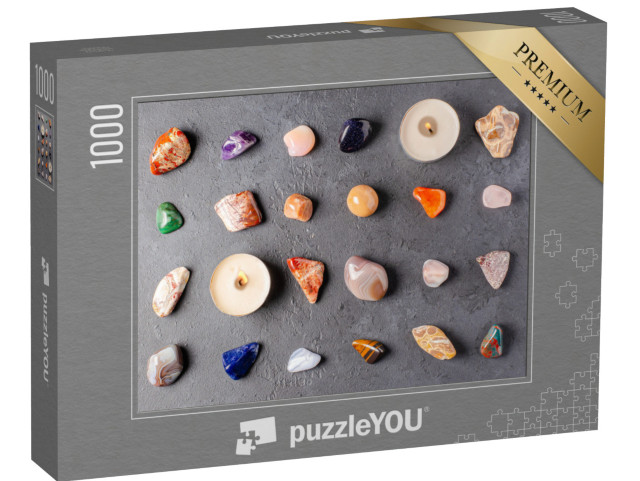 Puzzle 1000 pezzi „Pietre minerali e candele su un pavimento di cemento nero“