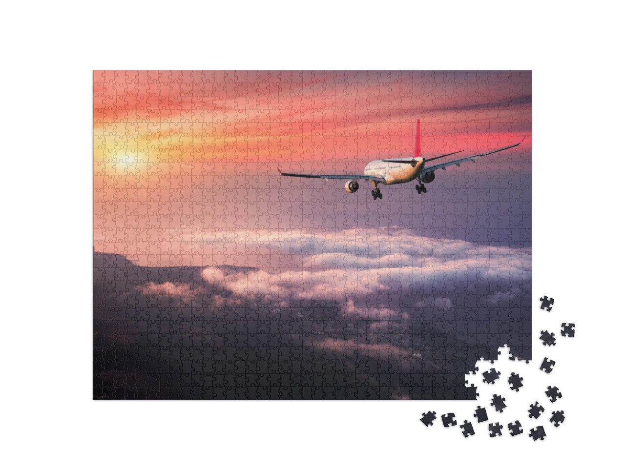 Puzzle 1000 pezzi „Aereo nel cielo rosso della sera sopra le nuvole“