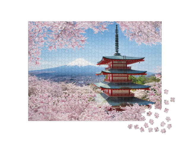Puzzle 1000 pezzi „La Pagoda Chureito e il Monte Fuji con i ciliegi in fiore in primavera“
