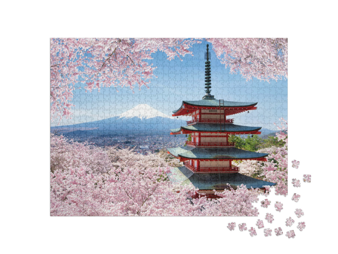 Puzzle 1000 pezzi „La Pagoda Chureito e il Monte Fuji con i ciliegi in fiore in primavera“