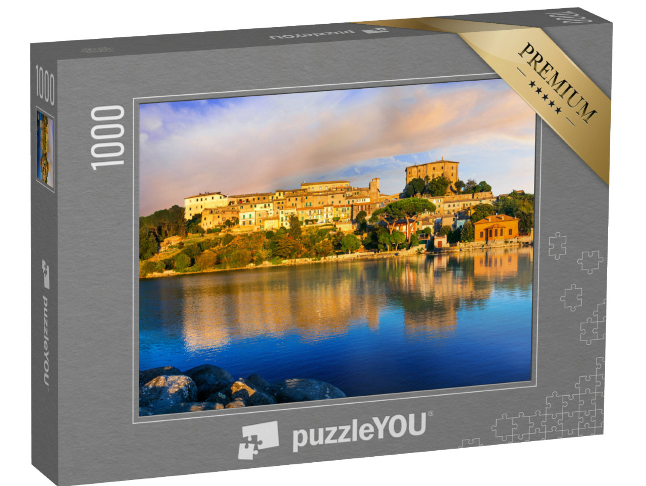 Puzzle 1000 pezzi „Il pittoresco e tranquillo borgo di Capodimonte e il bellissimo Lago di Bolsena, nel Lazio“