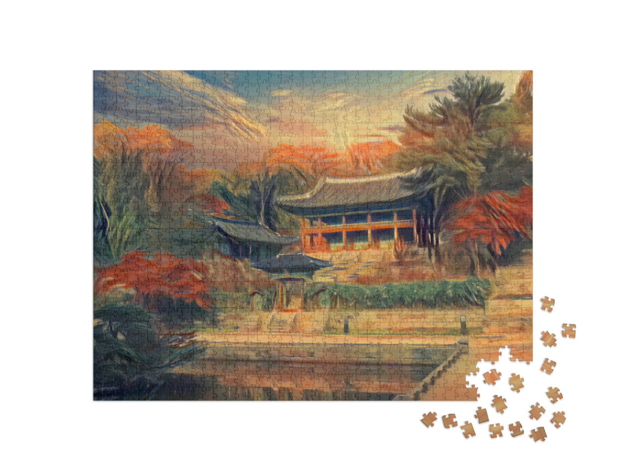 Puzzle 1000 pezzi „nello stile di Edvard Munch, L'urlo - Autunno al Palazzo Changdeokgung di Seul, Corea del Sud.“