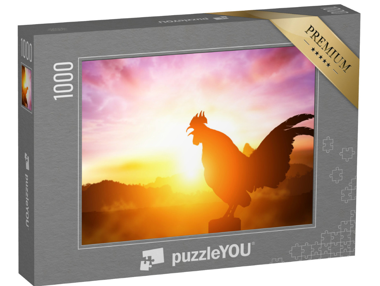 Puzzle 1000 pezzi „Silhouette di un gallo canterino nell'alba radiosa“
