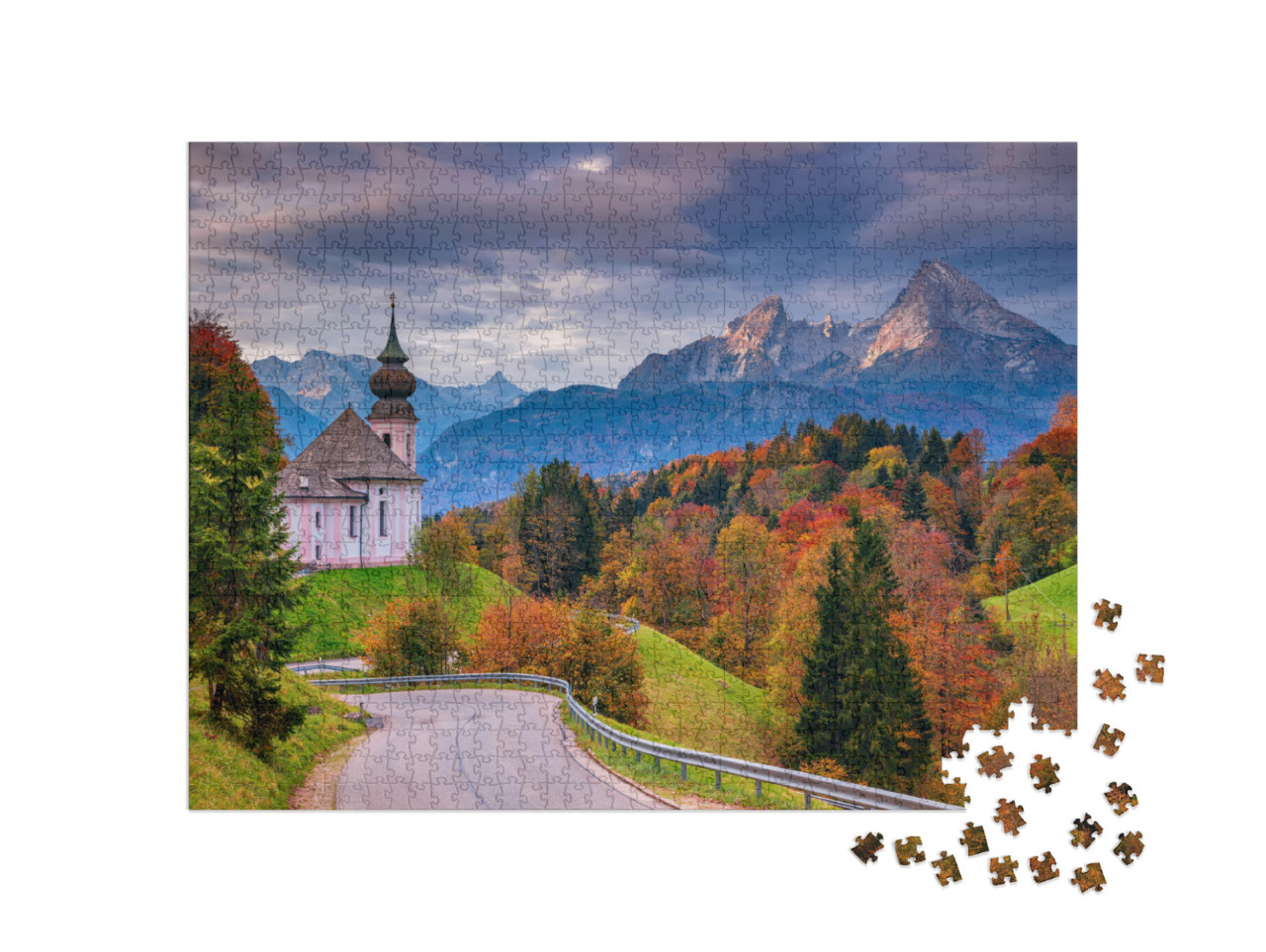 Puzzle 1000 pezzi „La chiesa di Maria Gern e il Watzmann in autunno, Baviera, Germania“