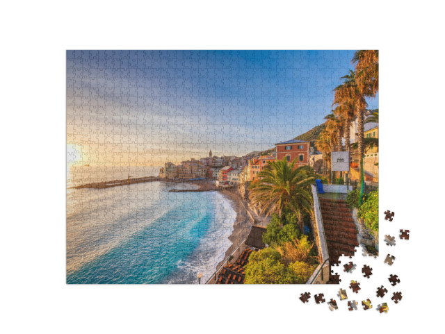Puzzle 1000 pezzi „Bogliasco, Genova, Italia, skyline sul Mediterraneo al tramonto.“
