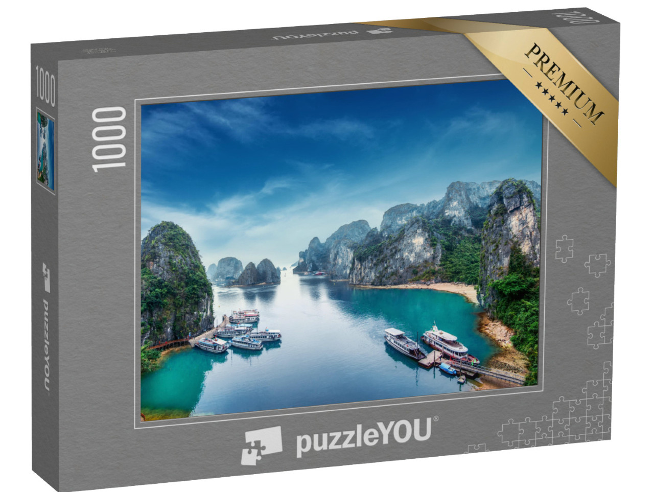 Puzzle 1000 pezzi „Giunche turistiche che galleggiano tra le rocce calcaree nella baia di Ha Long, Vietnam“