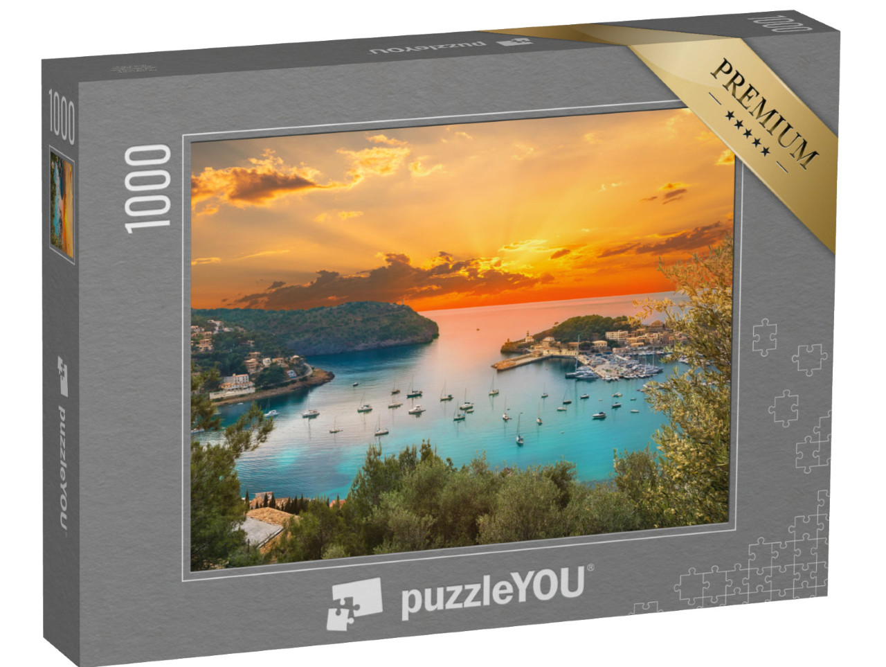 Puzzle 1000 pezzi „Vista del famoso porto di Soller, tramonto a Maiorca“