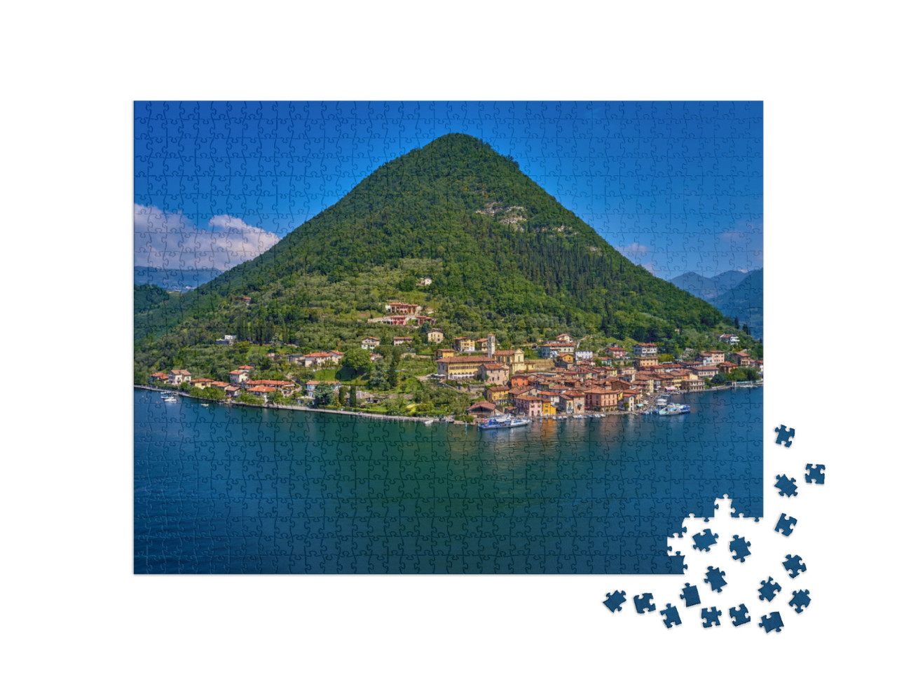 Puzzle 1000 pezzi „Volo su drone, vista aerea del lago d'Iseo, Italia.“