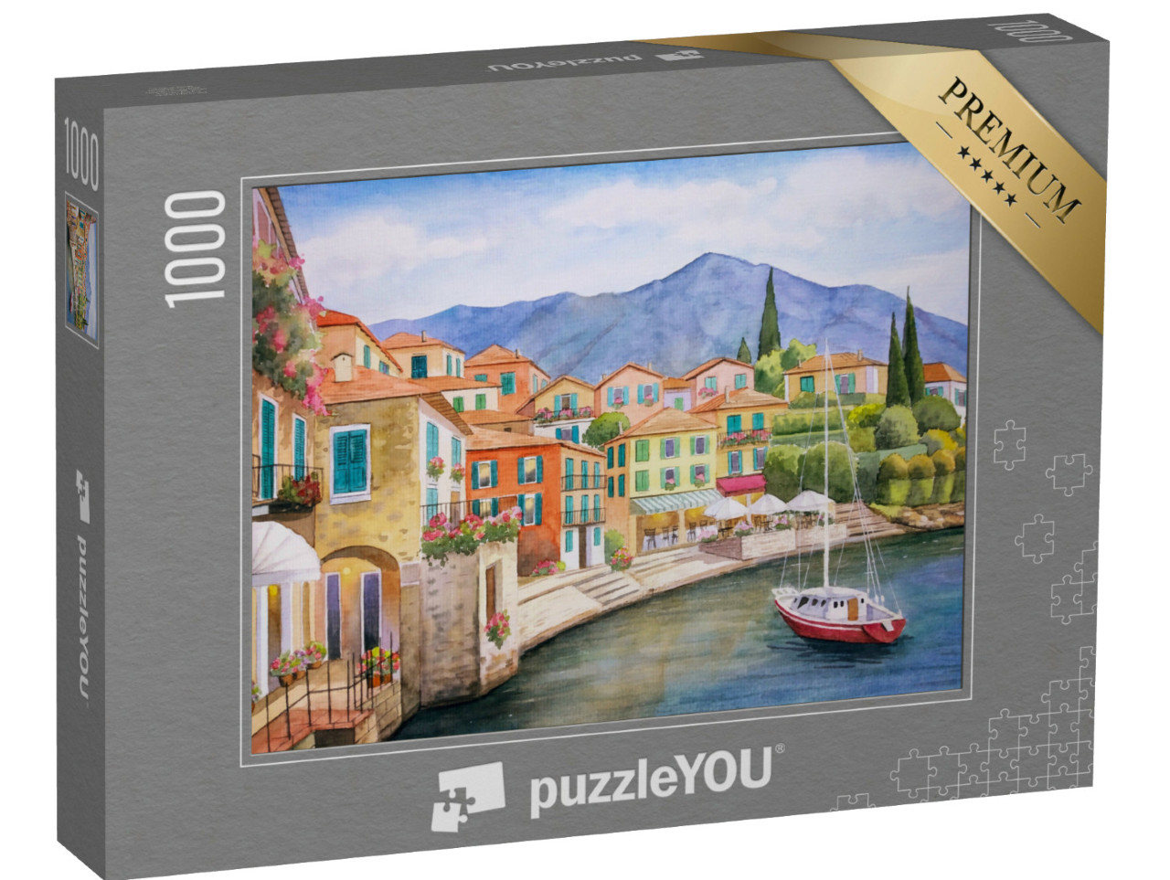 Puzzle 1000 pezzi „Acquerello disegnato a mano di un villaggio sul lago a Varenna, Italia“