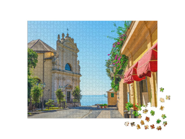Puzzle 1000 pezzi „Strada con bellissimi edifici colorati a Varenna, Italia“