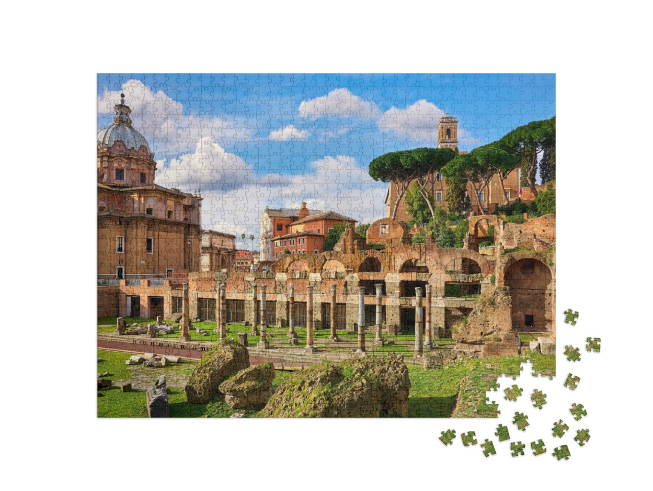 Puzzle 1000 pezzi „Foro Romano a Roma, Italia. Strutture antiche con colonne e archi. Relitti dell'antica città romana“