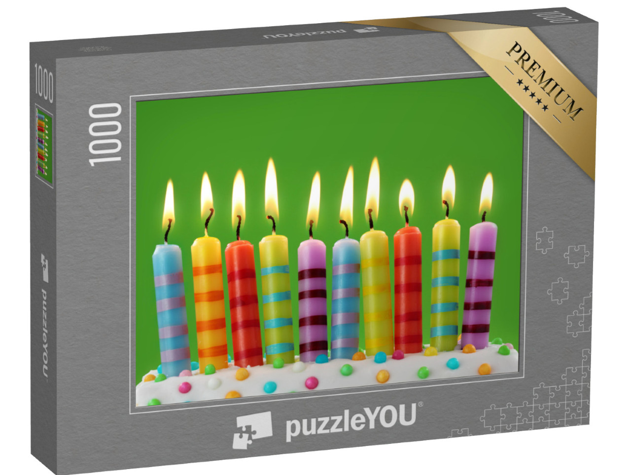 Puzzle 1000 pezzi „Dieci candele colorate su sfondo verde“