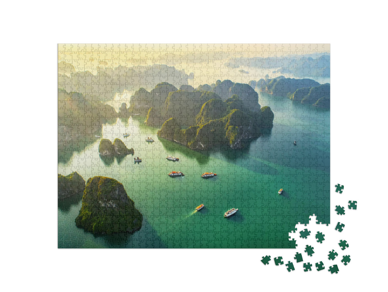 Puzzle 1000 pezzi „Villaggio di pescatori galleggianti nella Baia di Halong, Vietnam, Patrimonio dell'Umanità UNESCO“