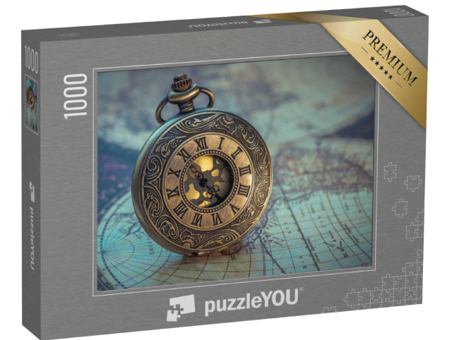 Puzzle 1000 pezzi „Orologio antico su una vecchia mappa del mondo“