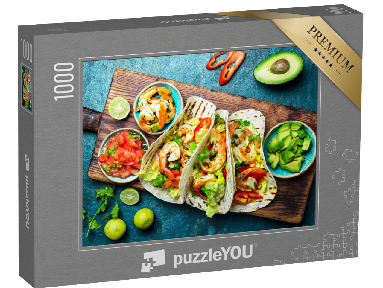 Puzzle 1000 pezzi „Cucina messicana: tacos di gamberi con salsa, verdure e avocado“