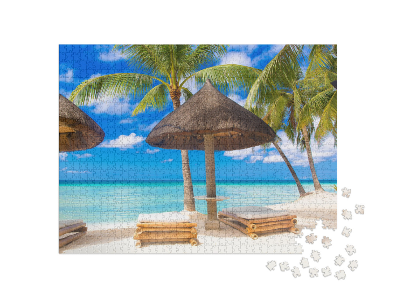 Puzzle 1000 pezzi „Ombrellone e lettini sotto le palme della spiaggia tropicale“