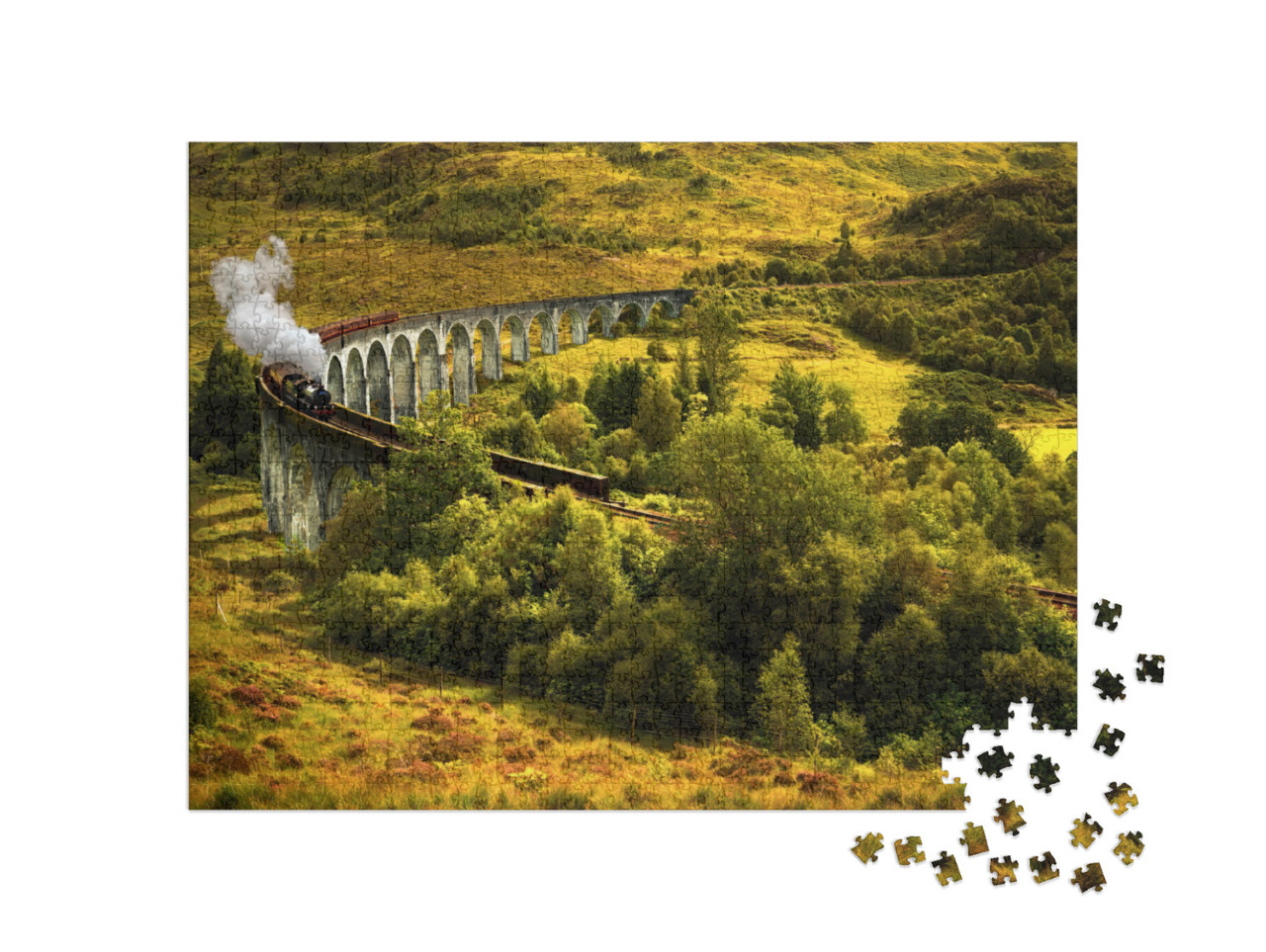 Puzzle 1000 pezzi „Treno a vapore giacobita sul vecchio viadotto di Glenfinnan, Scozia“